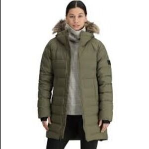 Outdoor Research Womens Coze Lux Down Parka Olive Green Faux Fur Hood 300588